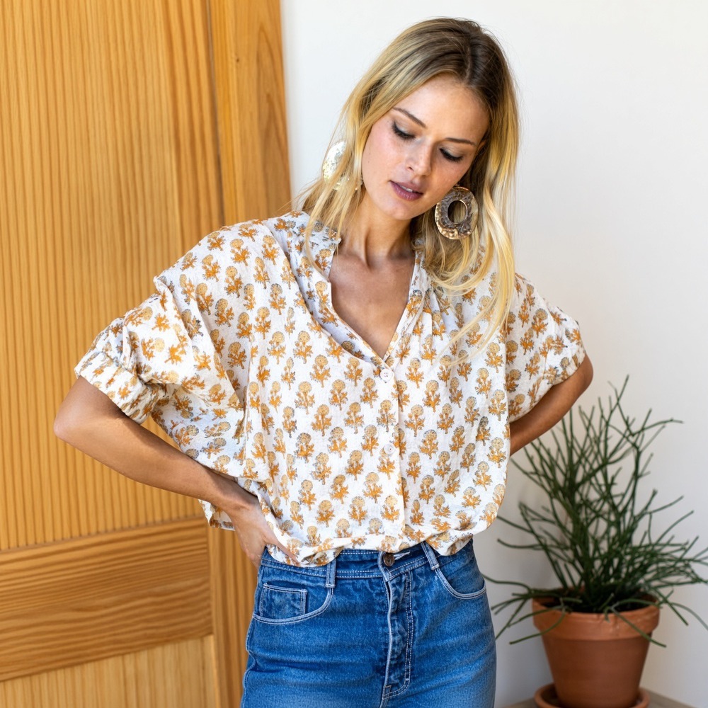 Emerson Fry India Collection Mandarin Collar Top Little Marigolds Organic OS